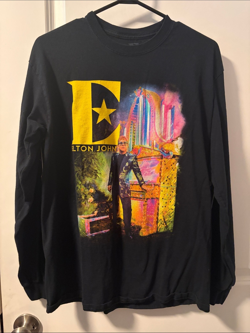 Black Long-Sleeve Graphic Tee with Yellow Logo